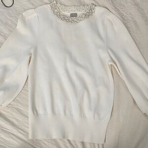 H&M White Sweater with Pearl Embellished Collar